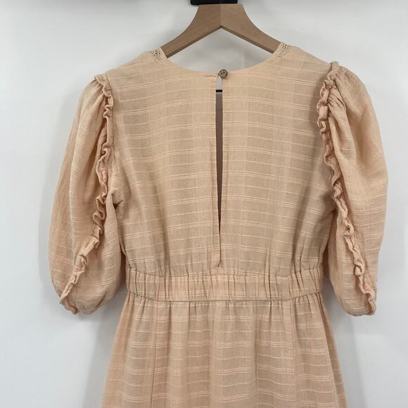 Free People Slow Pace Romantic Dress Tie V Neck Puff Sleeve Midi Peach Womens XS - Picture 9 of 13